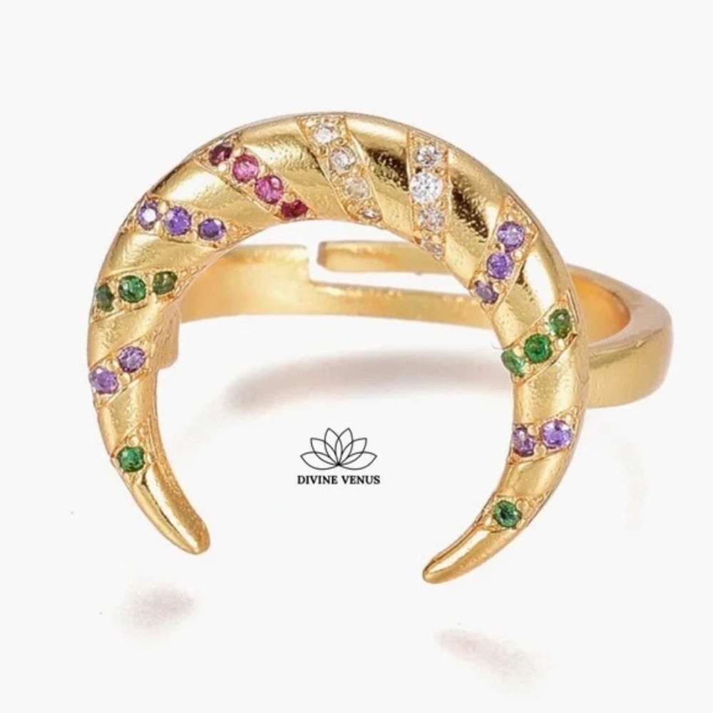 Moon Ring | Colorful | Brass and Cubic Zirconia | Size 6 Adjustable